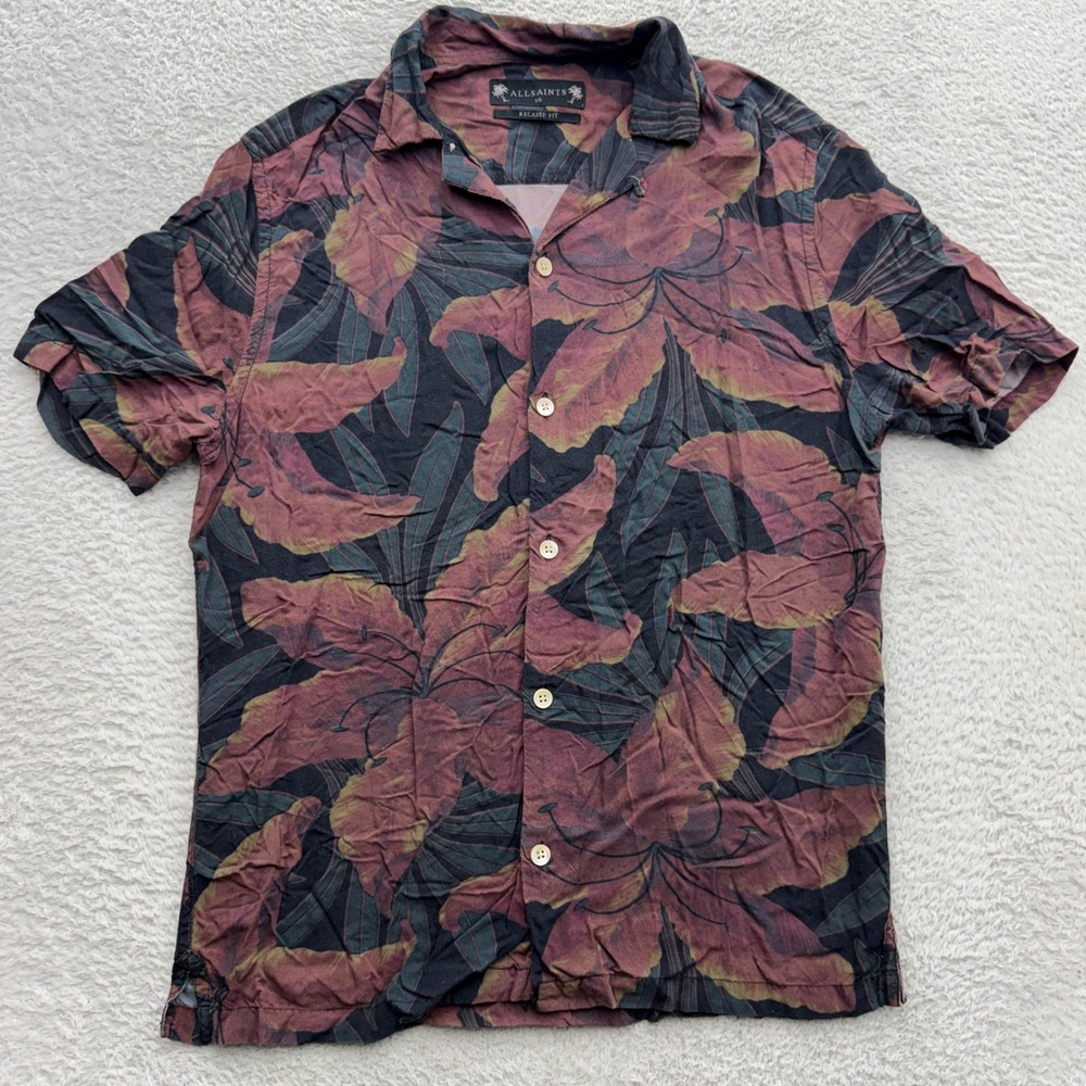 AllSaints Mens Relaxed Fit Floral Palm Print Viscose Short Sleeve Shirt XS Black